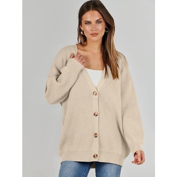 Womens Oversized Cardigan Sweater Fall Outfit Cloth Fashion V neck Small Apricot - Picture 2 of 16